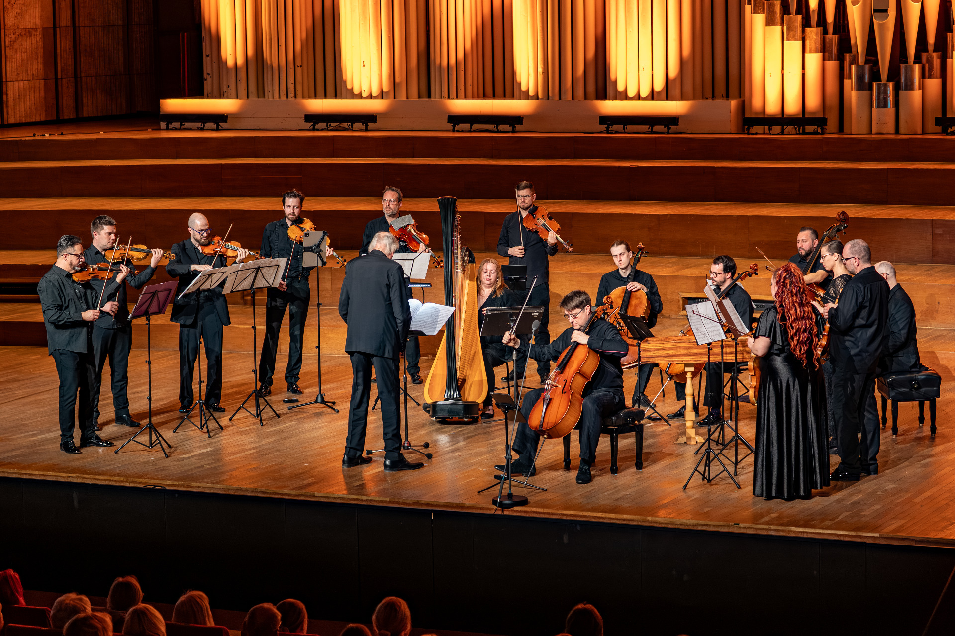 Hilaris Chamber Orchestra s Jozefom Luptákom a dirigentom Andrewom Parrottom hrajú záverečnú skladbu Barkarolu pre husle, 12 sláčikových nástrojov, harfu (Mária Kmeťková) a čembalo (Adam Štefunko). Foto: Jarmila Uhlíková
